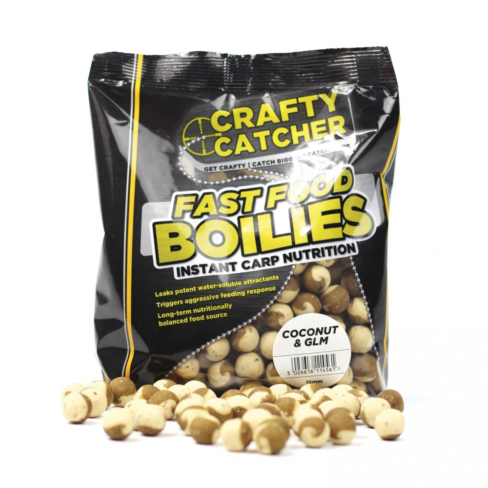 Crafty Catcher Fast Food Coconut & GLM 15mm Boilies 500g - Bait Superstore